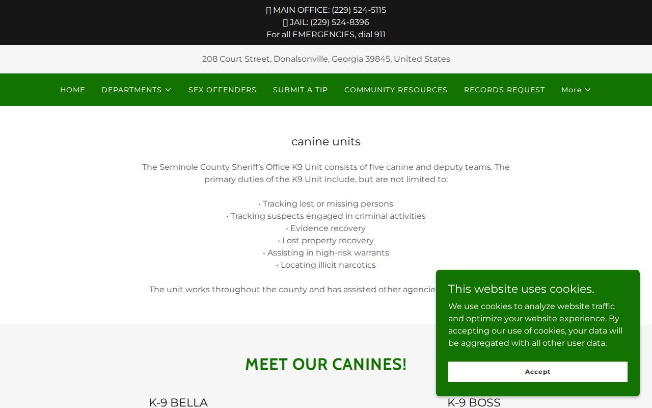Seminole County K-9 unit page describing high-risk warrant assistance