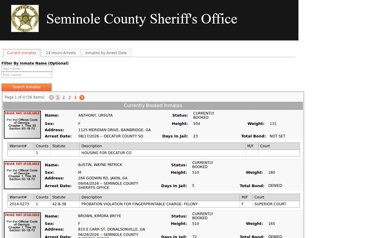 Seminole County jail roster interface with tabs and field headings